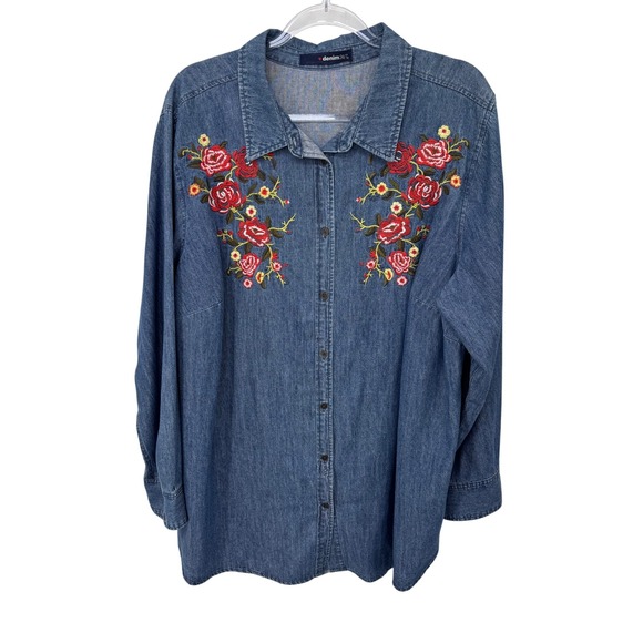 Denim 24/7 Embroidered Chambray Denim Button Down Shirt Floral Womens 24W‎ Blue - Picture 1 of 15